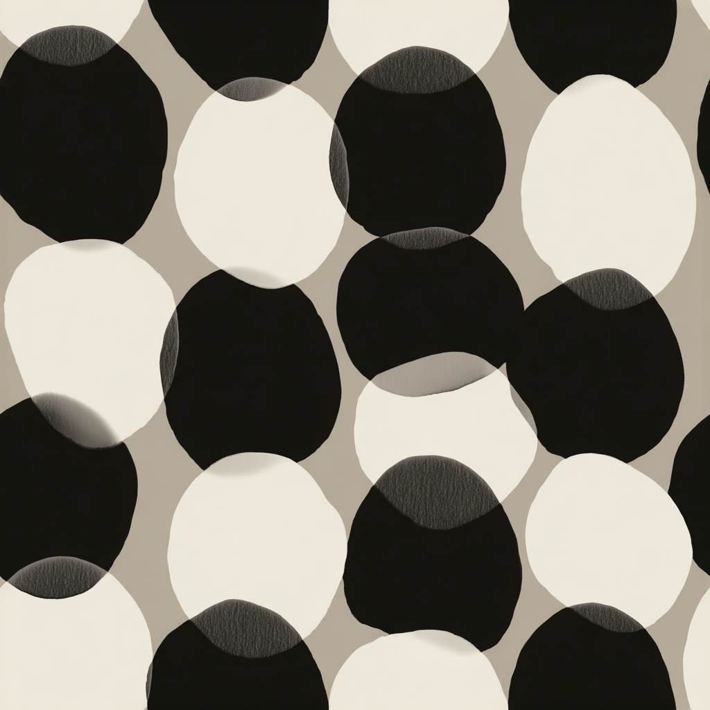 Circles wallpaper with overlapping black and off-white spots, on a taupe backdrop.