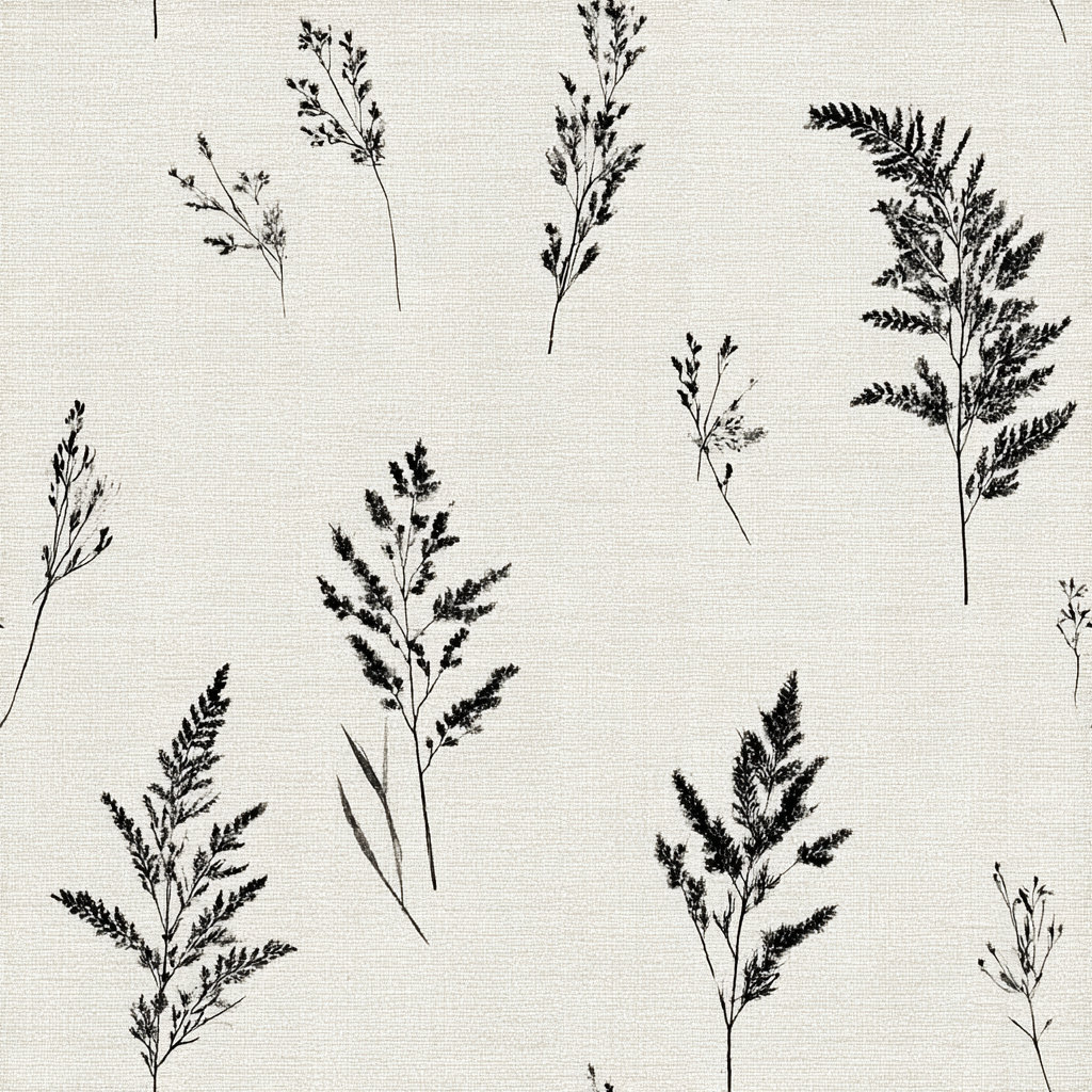 Ashen ferns wallpaper with botanical print on linen textured background.