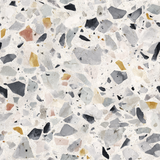 Stone wallpaper in gray and neutral tones, with terrazzo pattern.

