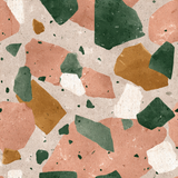 Sonora clay wallpaper with terrazzo pattern, featuring green, salmon, white, and mustard-colored rock fragments.