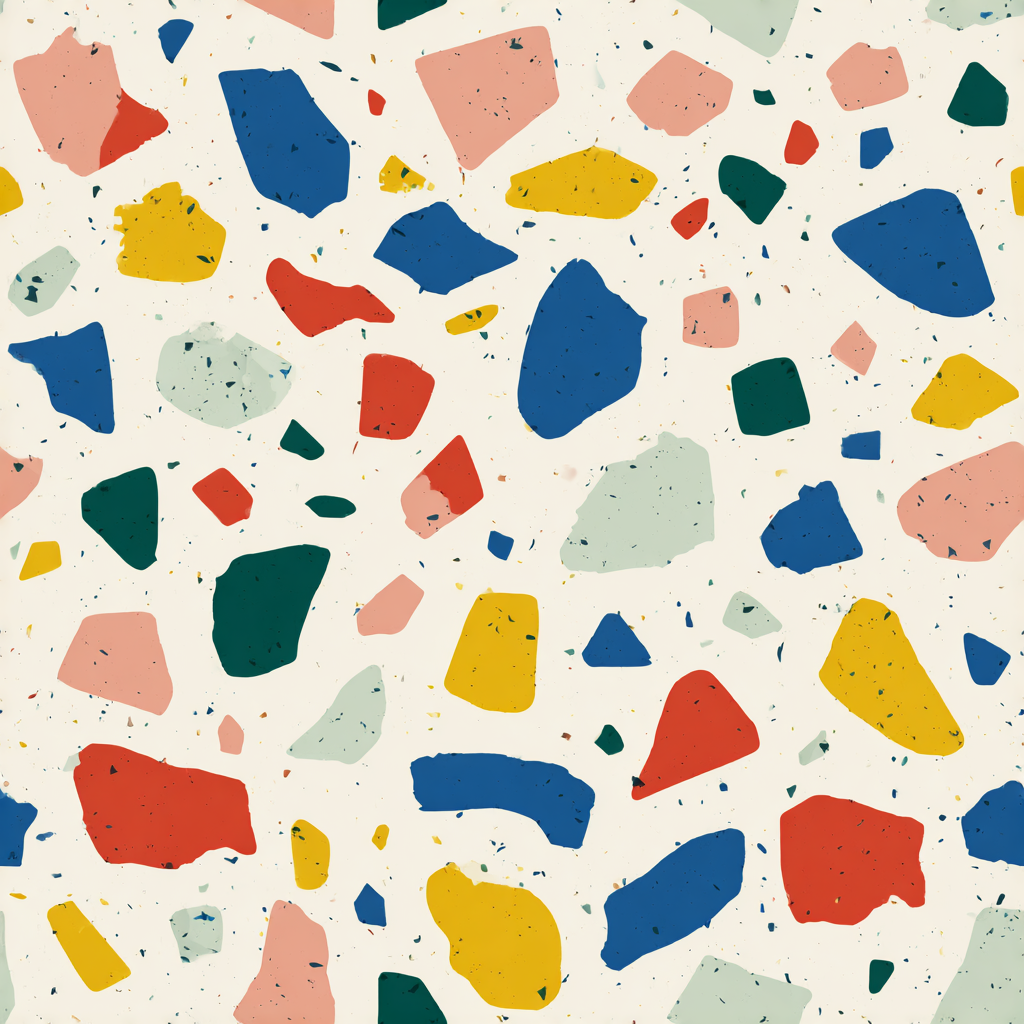 Colorful terrazzo wallpaper with geometric shapes, scattered specks, and muted background.