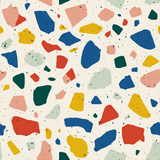 Colorful terrazzo wallpaper with geometric shapes, scattered specks, and muted background.