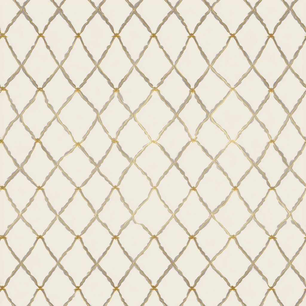 Gilded trellis wallpaper with gold accents, decorative knot details and a diamond pattern.
