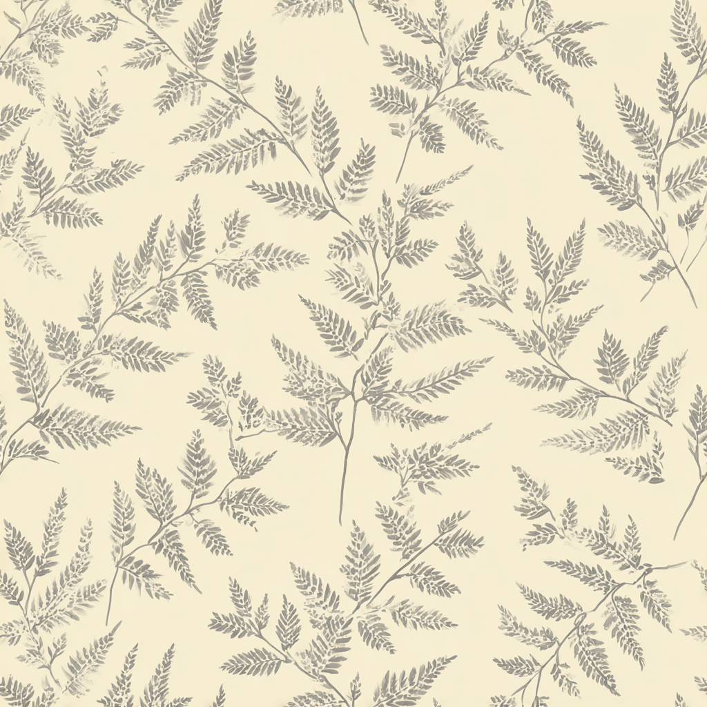 Botanical fern wallpaper with gray leaves on a cream background.