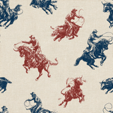 Rodeo sketch wallpaper with red and blue western motif on a textured beige background.