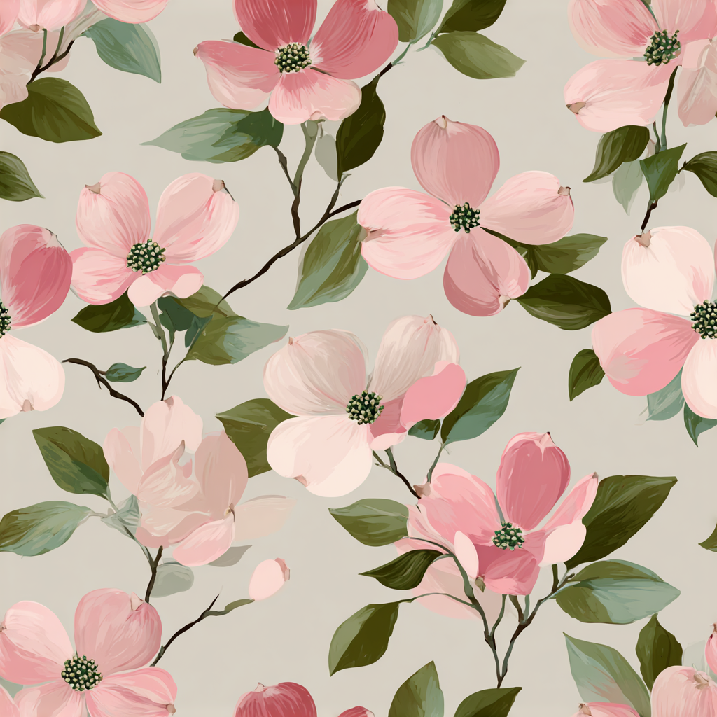 Dogwood Simplicity Wallpaper with a pink floral pattern on a light gray background.