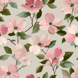 Dogwood Simplicity Wallpaper with a pink floral pattern on a light gray background.