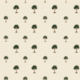 Patterned wallpaper with dark green palm trees on a light beige background.