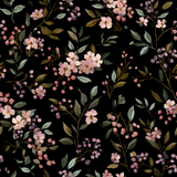 Floral wallpaper with pink flowers and berries on a black background.
