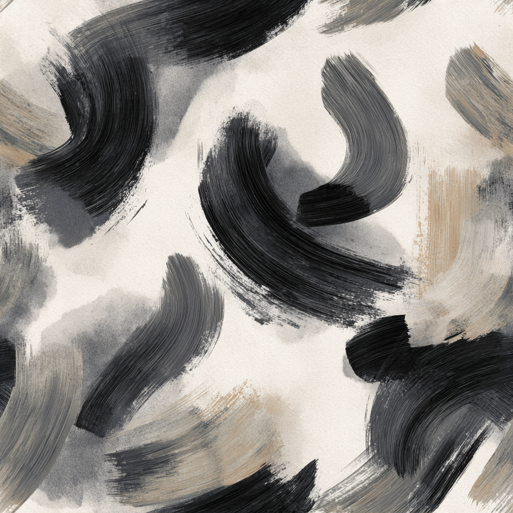 Inky Gesture wallpaper with brushstroke pattern, in shades of black, gray, and tan.
