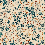Patterned wallpaper with blue leaves and berries, with floral accents.