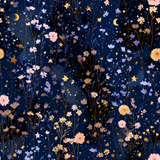 Meadow Magic wallpaper with a floral and star pattern on a deep navy background.