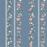 Lace Lane Wallpaper with vertical floral stripe pattern on textured blue background.