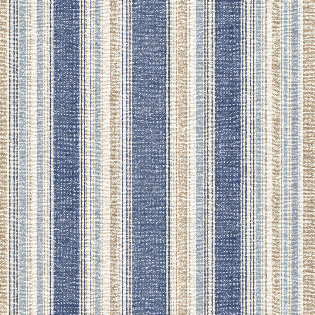 Blueberry Grainstripe wallpaper with vertical stripes in various shades of blue and tan.