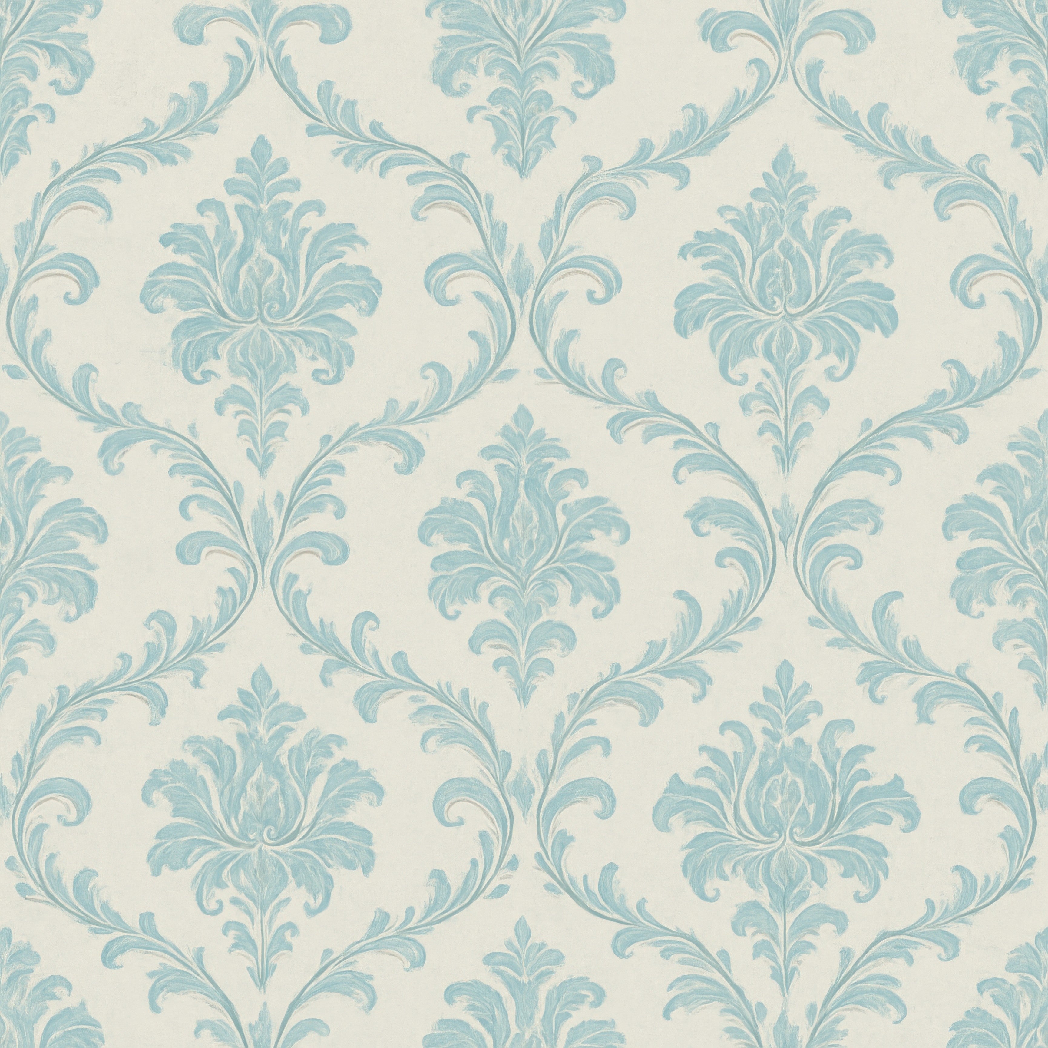 Blue damask wallpaper with a vintage pattern and textured finish.