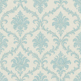 Blue damask wallpaper with a vintage pattern and textured finish.