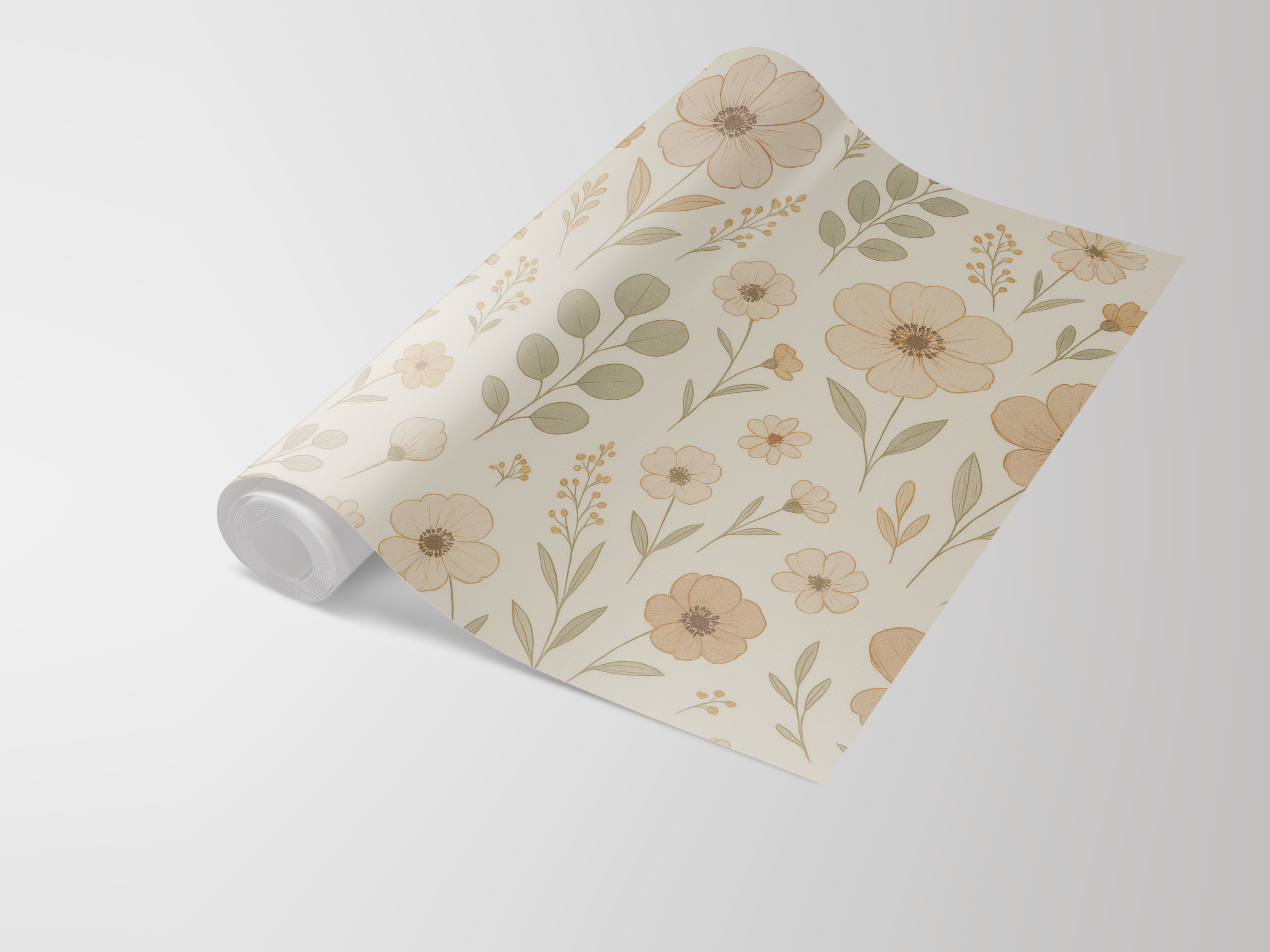 Floral wallpaper with flowers and foliage on light background.