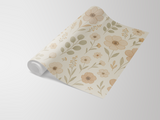 Floral wallpaper with flowers and foliage on light background.