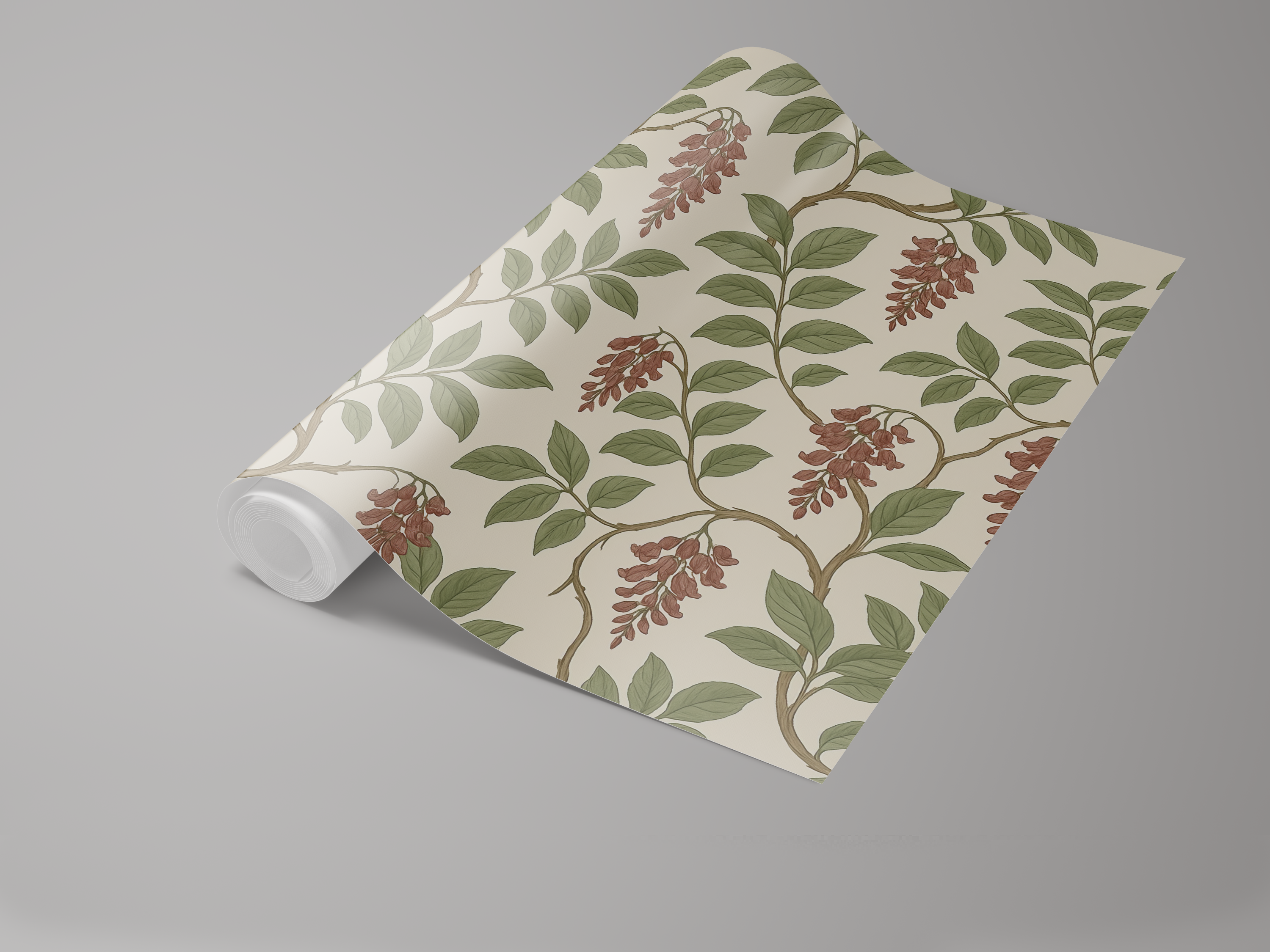 Floral wallpaper roll with wine and willow pattern on beige background.
