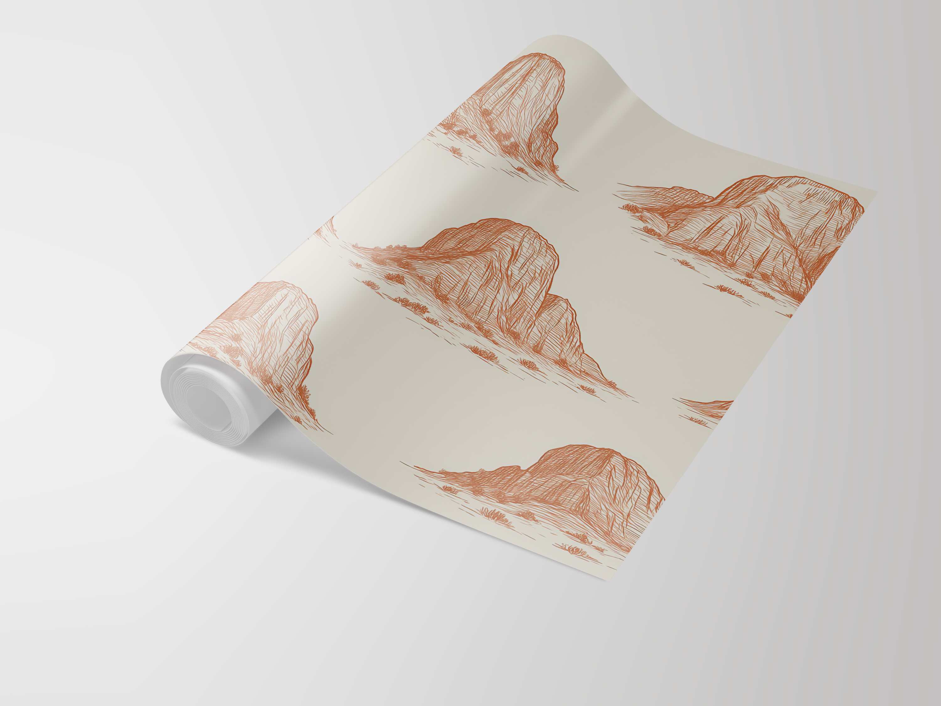 Beige Zion Hike Wallpaper with sketches by Seabrook Designs, rolled up on a white surface.